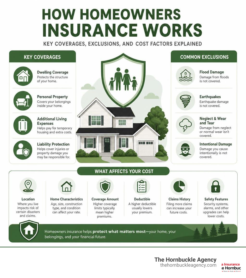 How homeowners insurance works: key coverages, exclusions, and cost factors explained infographic How homeowners insurance works: key coverages, exclusions, and cost factors explained infographic
