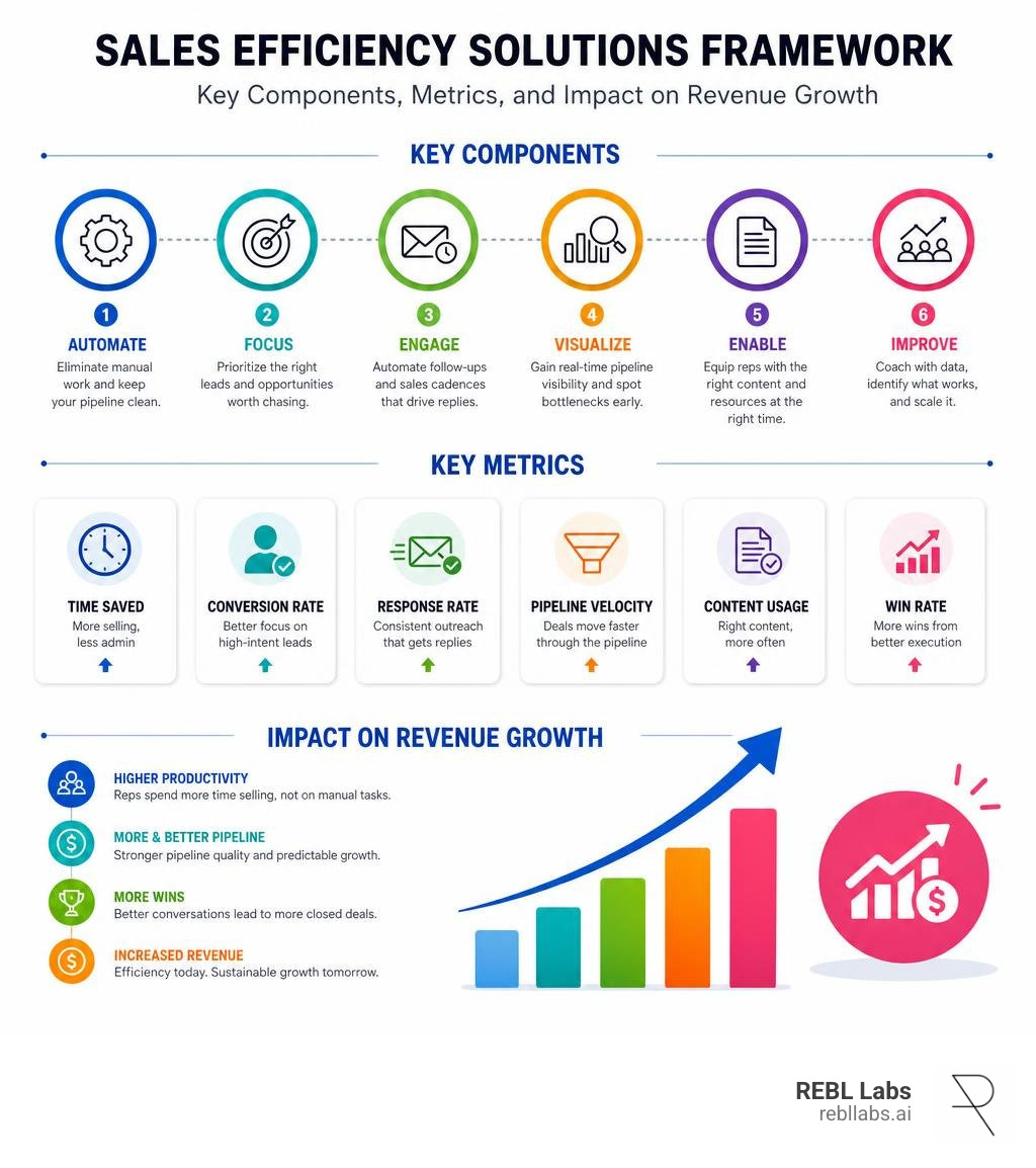 Sales efficiency solutions framework: key components, metrics, and impact on revenue growth infographic