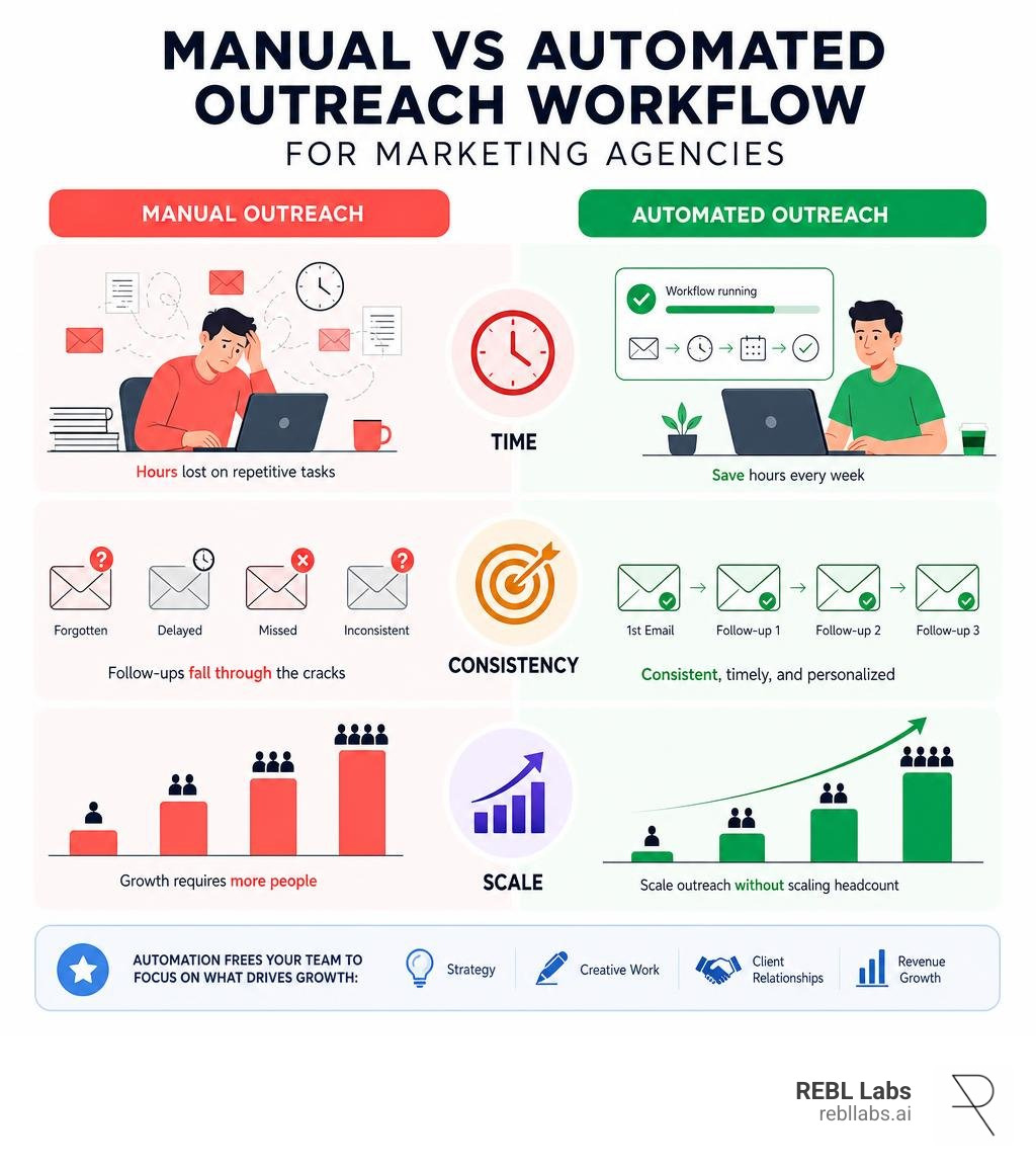 Manual vs automated outreach workflow for marketing agencies: time, consistency, scale comparison infographic