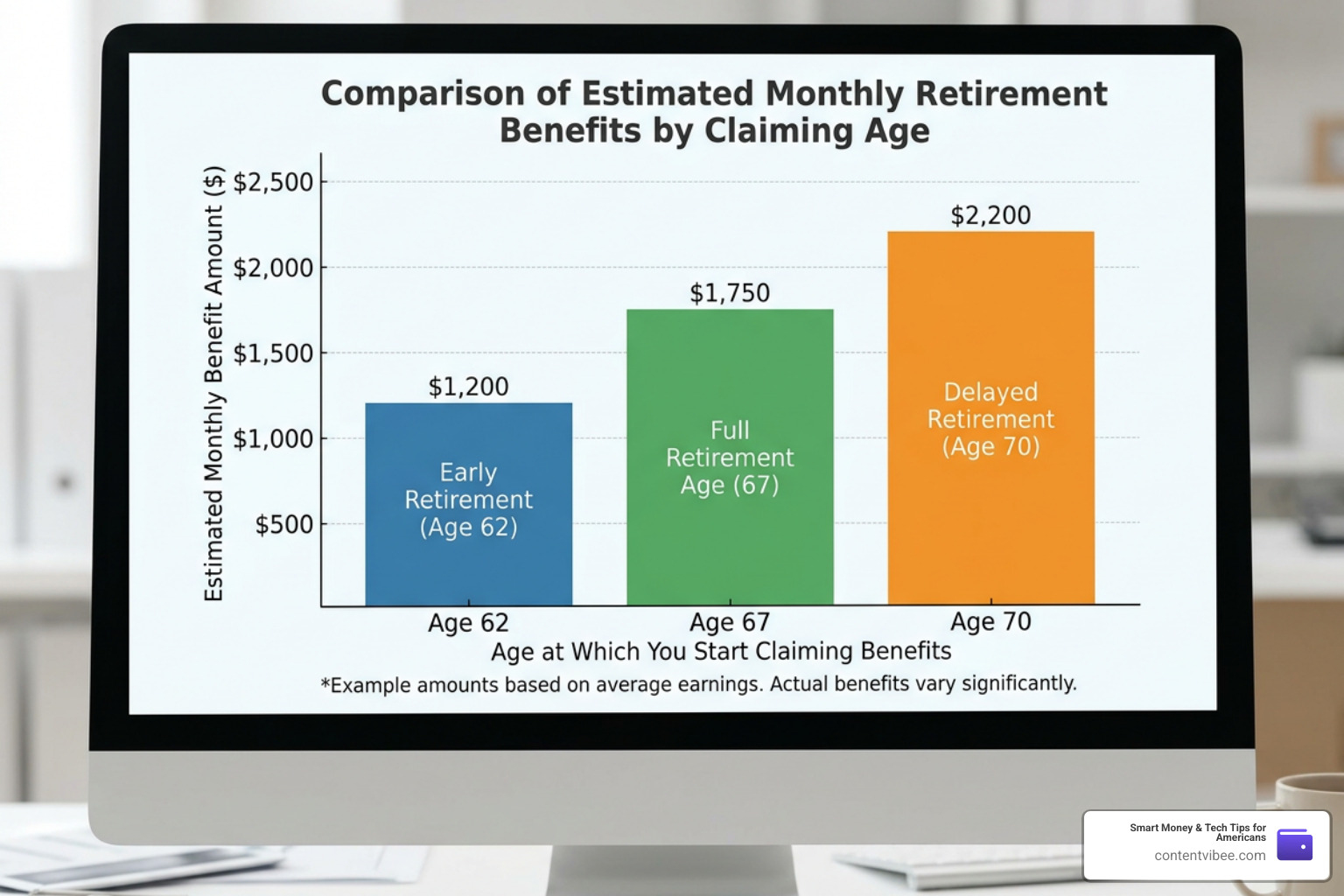Chart comparing monthly Social Security benefits at claiming ages 62, 67, and 70