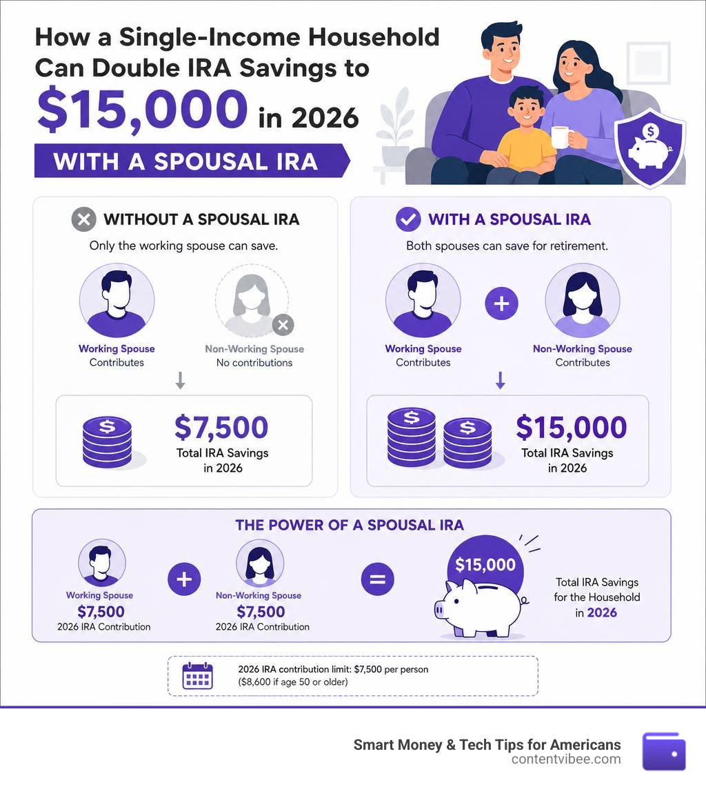 Infographic showing how a single-income household can double IRA savings to $15,000 in 2026 with a spousal IRA infographic