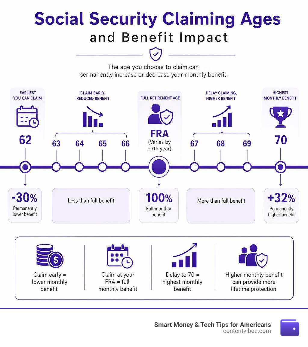 Timeline infographic showing Social Security claiming ages from 62 to 70 with benefit impact infographic