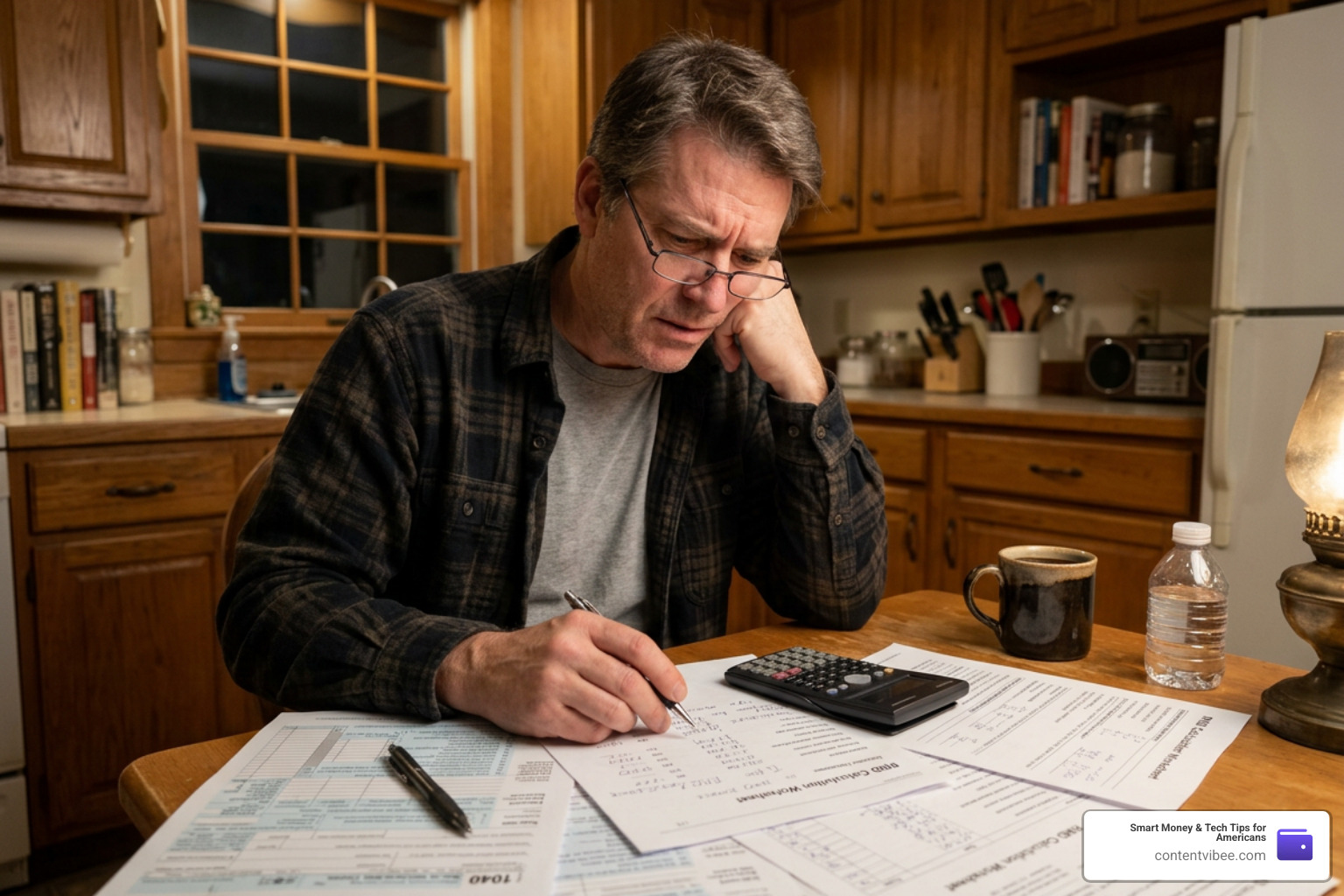 stressed individual reviewing tax forms and RMD calculations