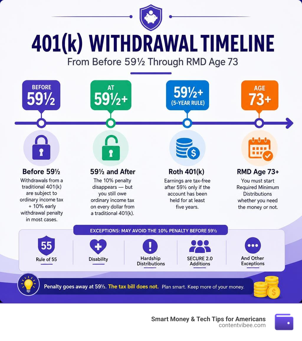 Timeline showing 401k withdrawal milestones from before 59½ through RMD age 73 infographic