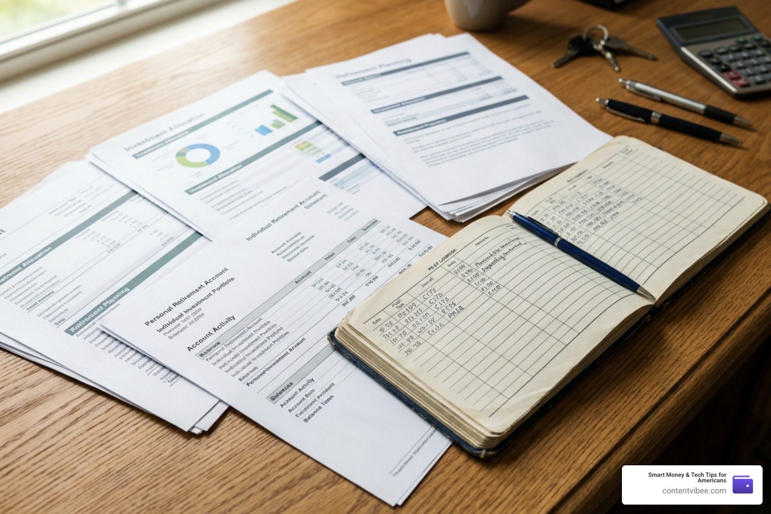 Financial planning documents and pilot logbook on a desk