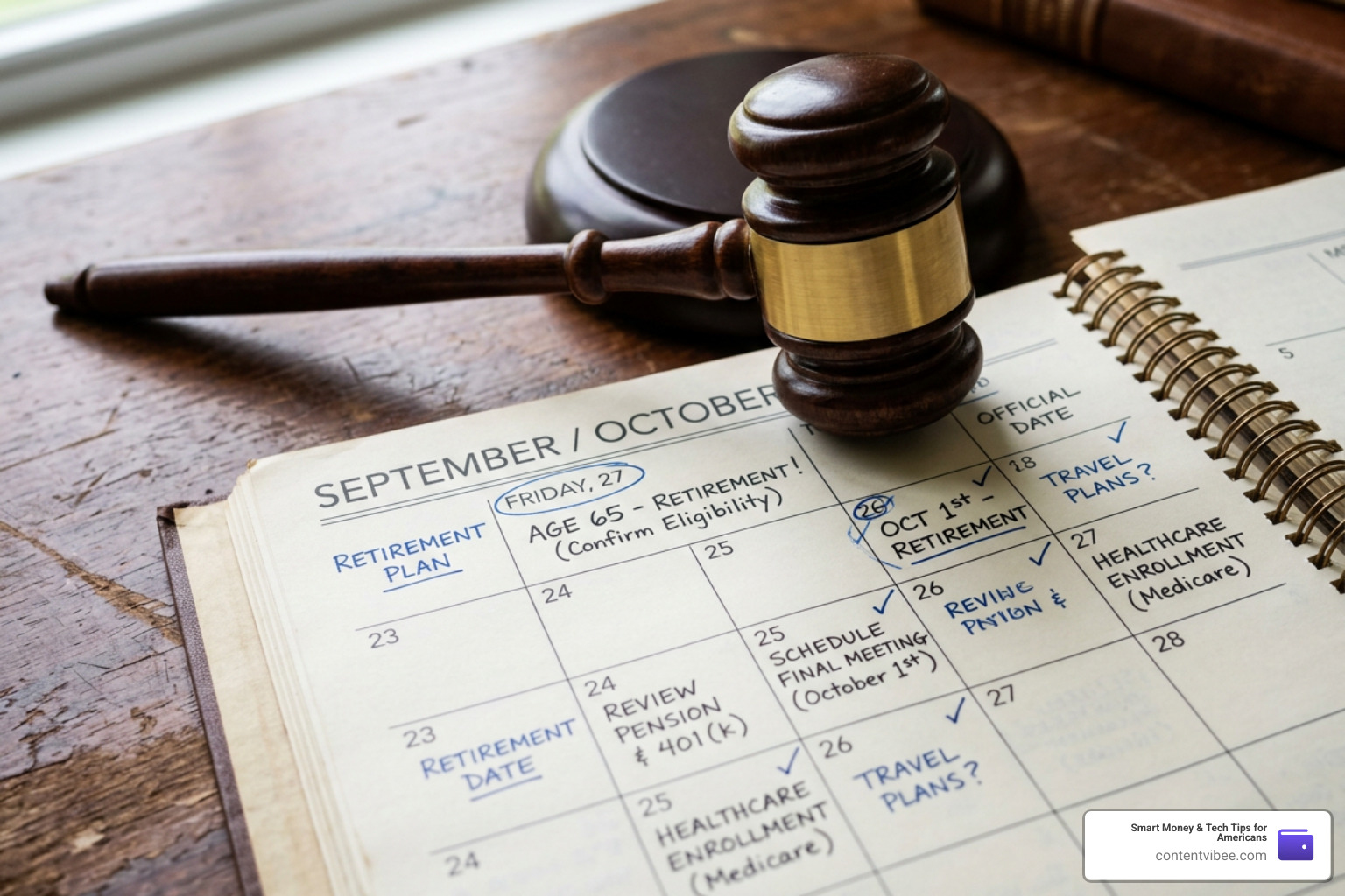 gavel and a retirement planner calendar