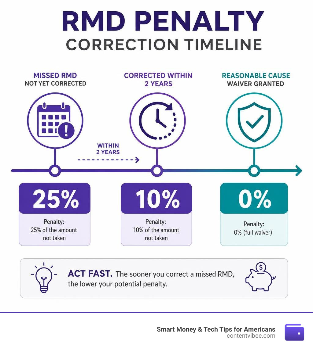 RMD penalty correction timeline infographic: 25% default rate, 10% if corrected within 2 years, 0% with waiver infographic RMD penalty correction timeline infographic: 25% default rate, 10% if corrected within 2 years, 0% with waiver infographic