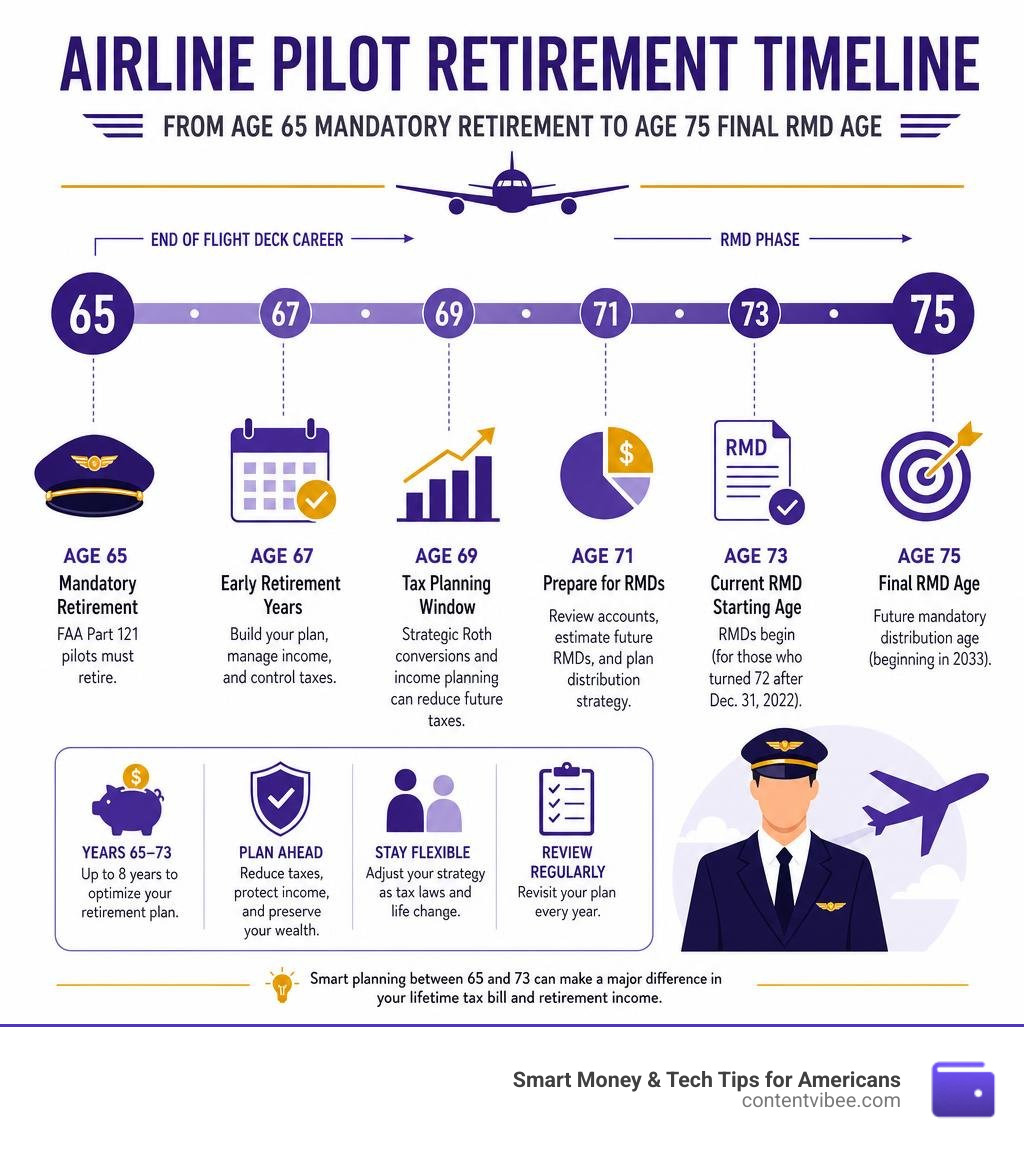Airline pilot retirement timeline from age 65 mandatory retirement to age 75 final RMD age with key milestones infographic