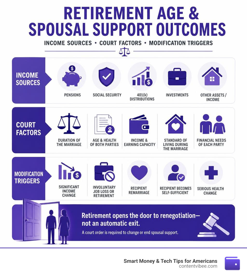 Retirement age and spousal support outcomes: income sources, court factors, modification triggers infographic