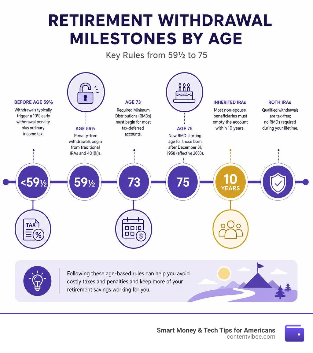 Timeline of retirement withdrawal milestones by age showing key rules from 59½ to 75 infographic