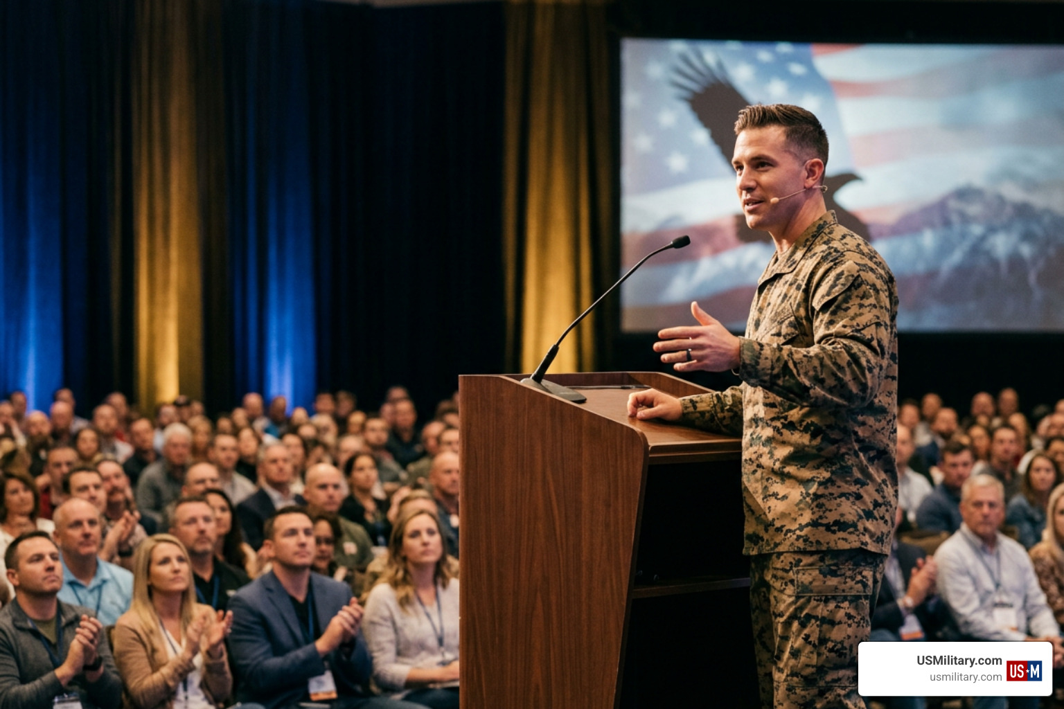 Navy SEAL motivational speaker on stage with military leadership theme Navy SEAL motivational speaker on stage with military leadership theme