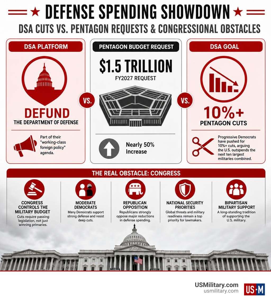 Infographic showing DSA defense cuts vs current Pentagon budget requests and congressional obstacles infographic Infographic showing DSA defense cuts vs current Pentagon budget requests and congressional obstacles infographic