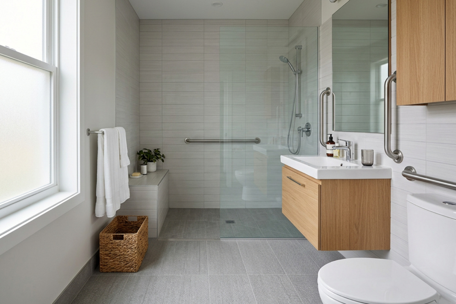 accessible senior apartment bathroom with grab bars modern design