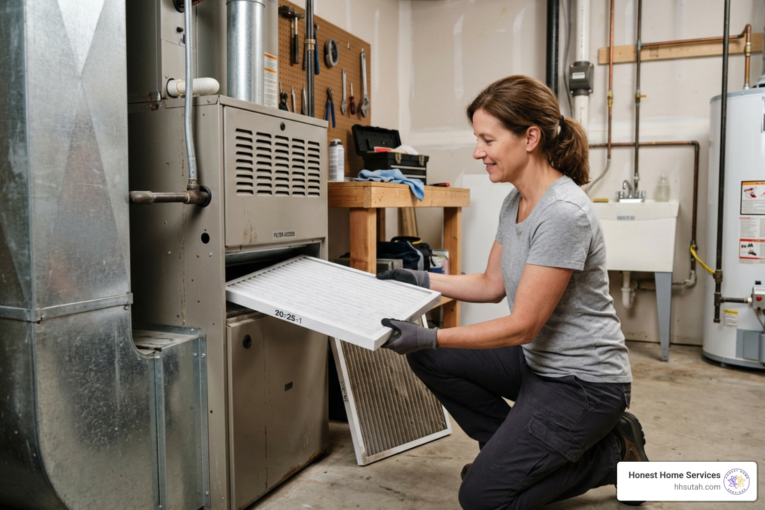 Homeowner safely replacing a pleated air filter in their furnace cabinet Homeowner safely replacing a pleated air filter in their furnace cabinet