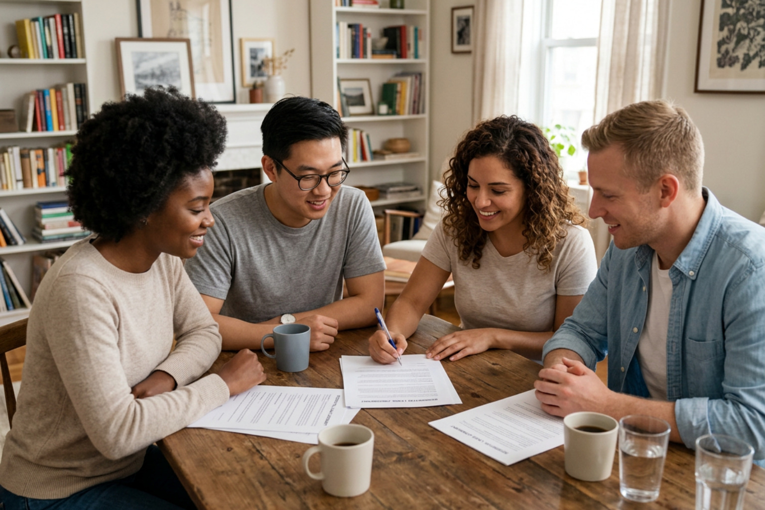 Diverse roommates sitting at a table signing a rental lease agreement
