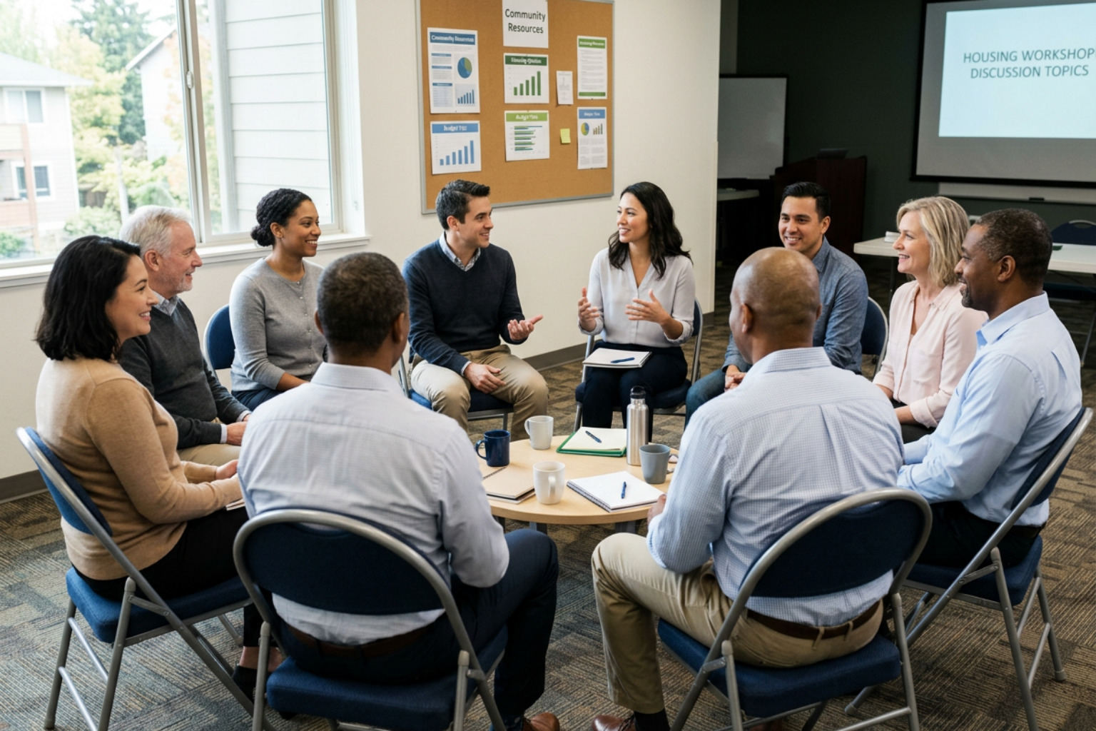 Adults in a circle of chairs chatting during a housing workshop