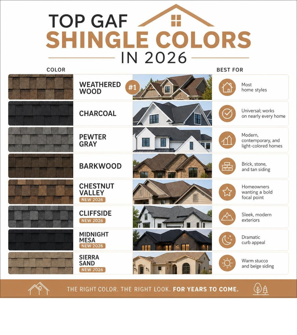 Infographic showing top GAF shingle colors in 2026 with color swatches and best-use pairings infographic Infographic showing top GAF shingle colors in 2026 with color swatches and best-use pairings infographic