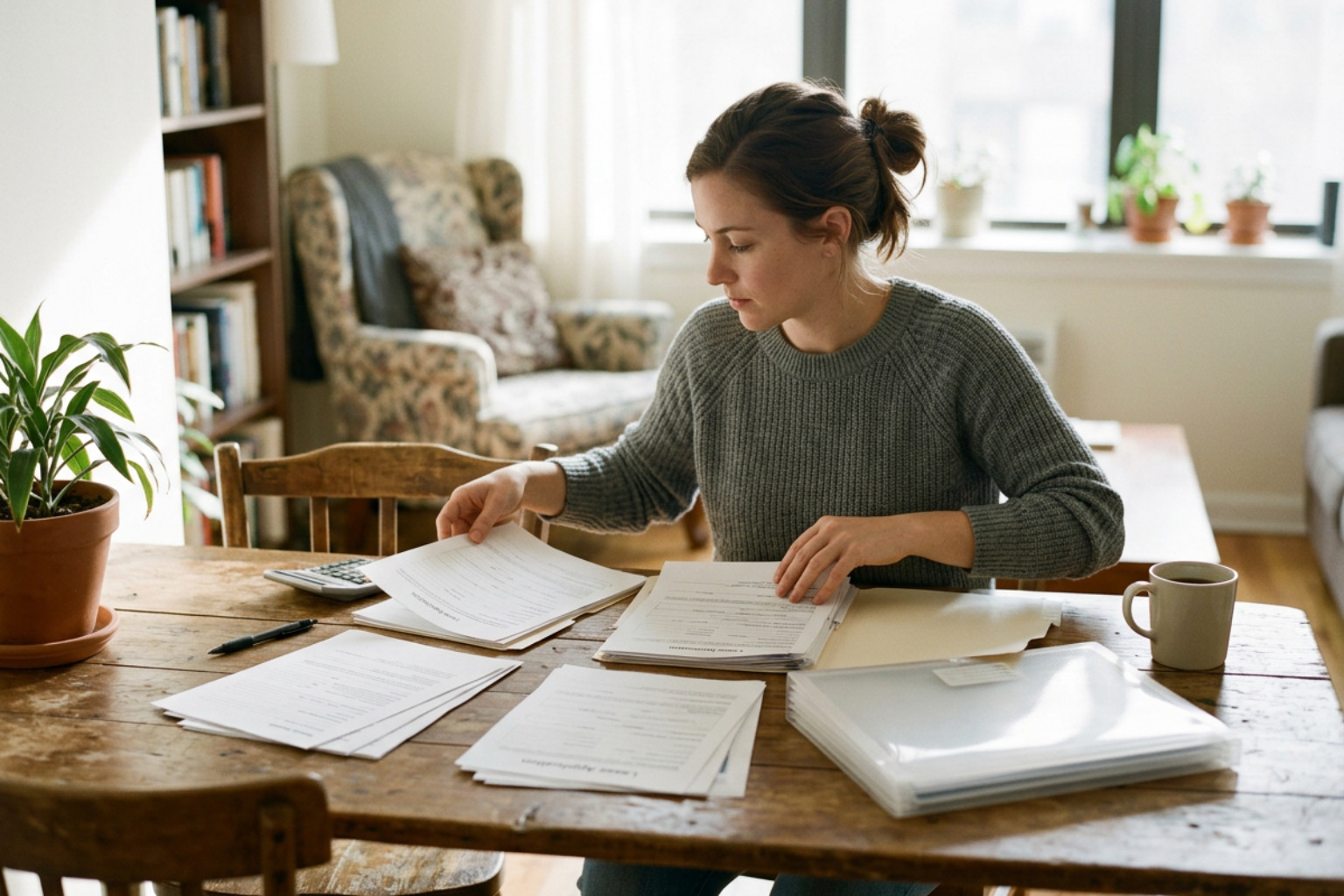 A tenant organizing application documents on a wooden table in a brightly lit room
