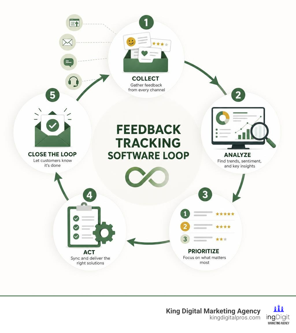 Feedback tracking software loop: collect, analyze, prioritize, act, close the loop infographic Feedback Tracking Software Loop: Collect, Analyze, Prioritize, Act, Close The Loop Infographic