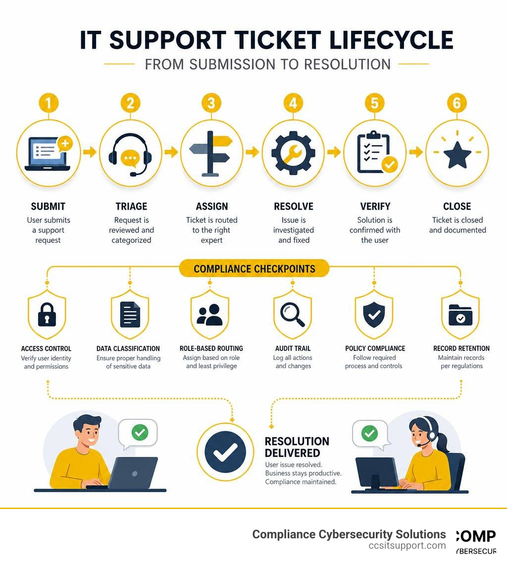 Infographic showing the lifecycle of an IT support ticket from submission to resolution with compliance checkpoints Infographic showing the lifecycle of an IT support ticket from submission to resolution with compliance checkpoints
