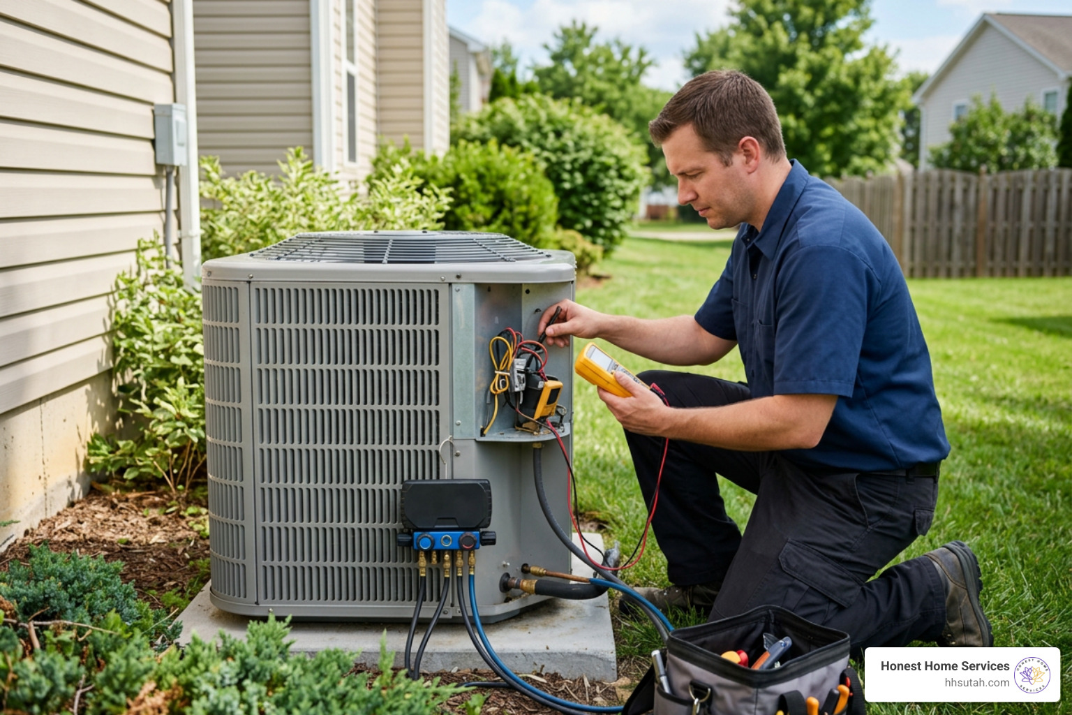 HVAC technician diagnosing an outdoor condenser unit HVAC technician diagnosing an outdoor condenser unit