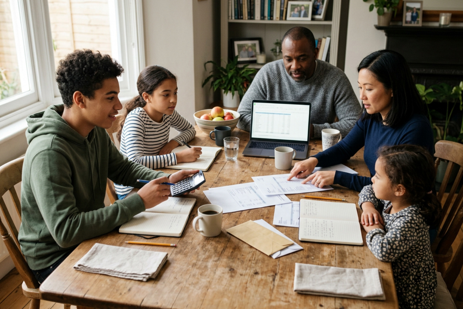 A family sitting around a wooden dining table discussing their household finances together A family sitting around a wooden dining table discussing their household finances together