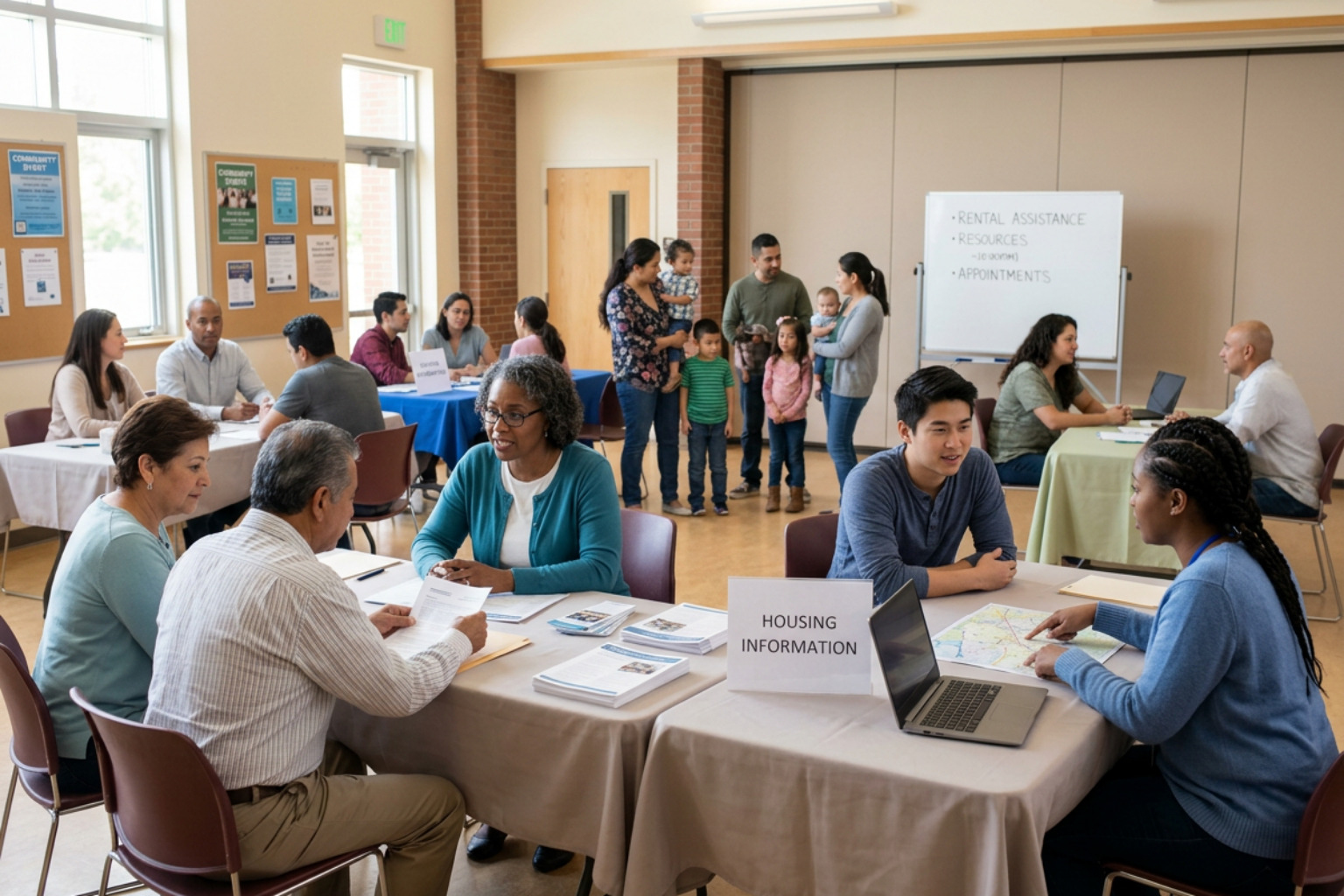 A brightly lit local community center where residents are gathering to access housing resources and guidance A brightly lit local community center where residents are gathering to access housing resources and guidance
