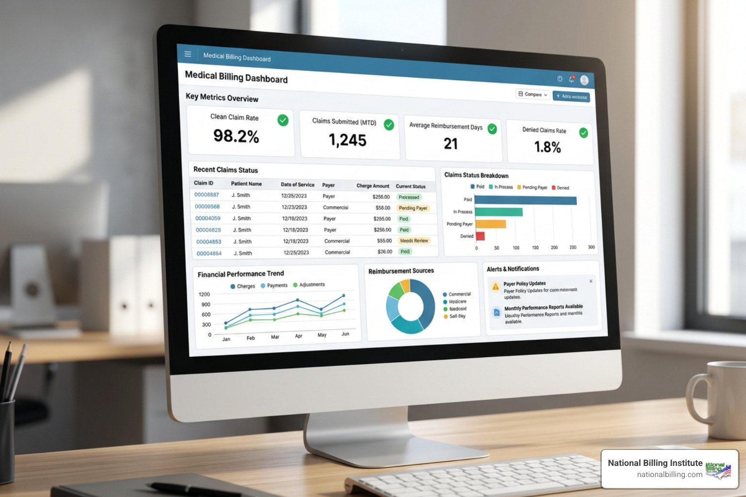 Automated medical billing software interface showing clean claim metrics