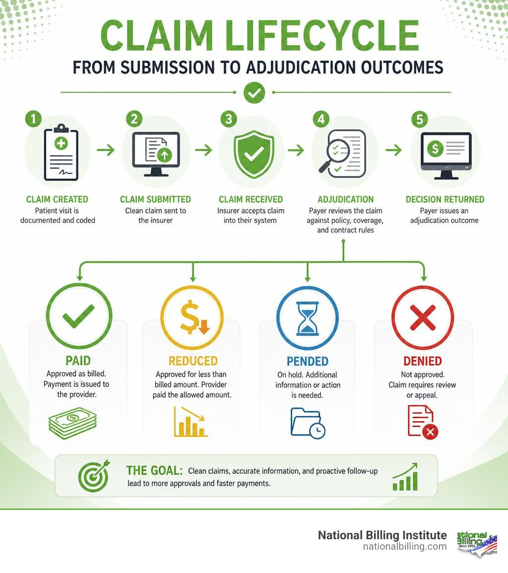 Claim lifecycle infographic: submission to adjudication outcomes — paid, reduced, pended, denied infographic