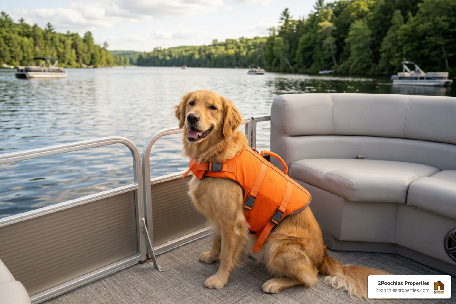 A happy golden retriever wearing a life jacket on a pontoon boat A happy golden retriever wearing a life jacket on a pontoon boat