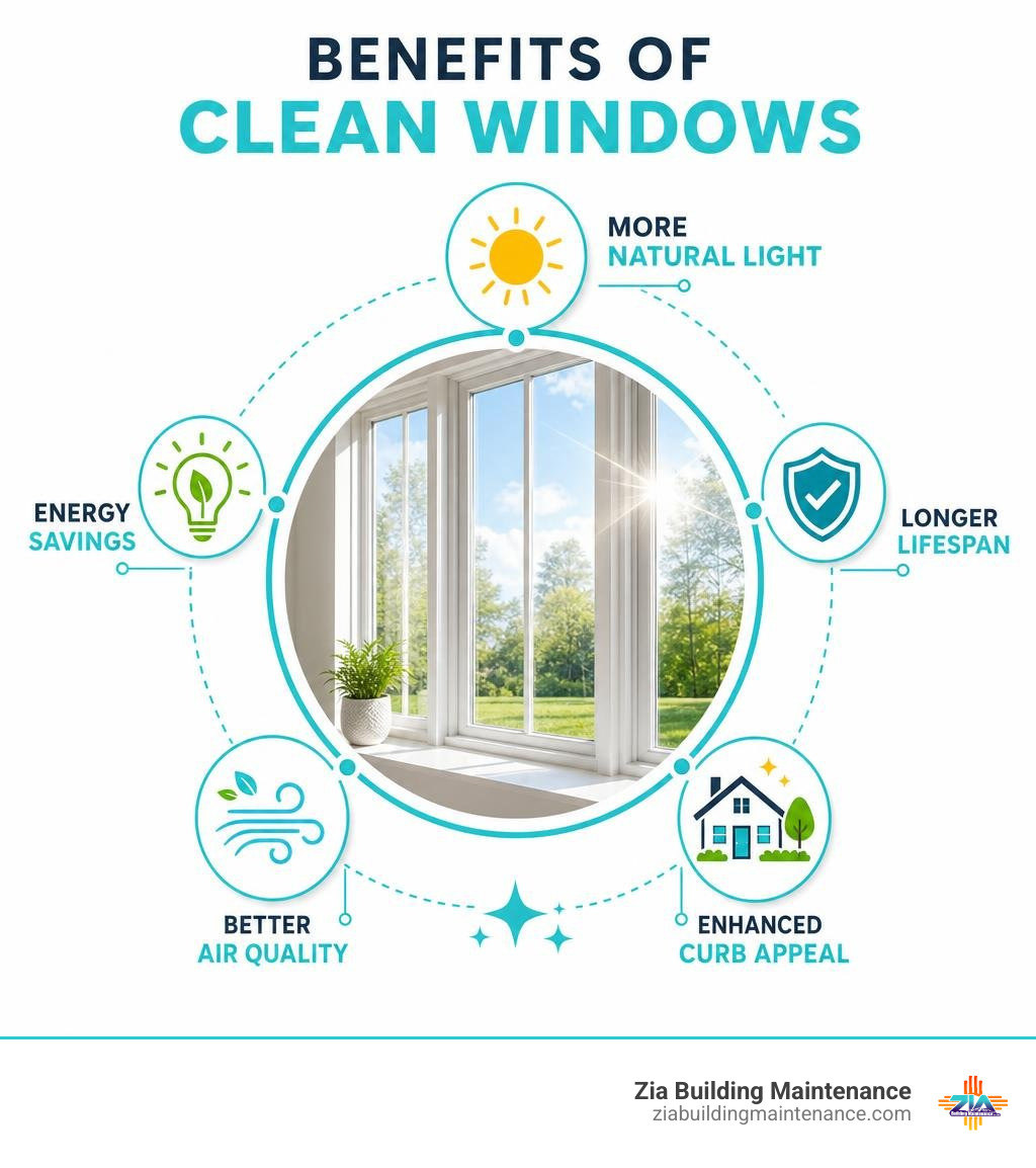 Benefits of clean windows: light, energy savings, lifespan, air quality, curb appeal infographic Benefits of clean windows: light, energy savings, lifespan, air quality, curb appeal infographic