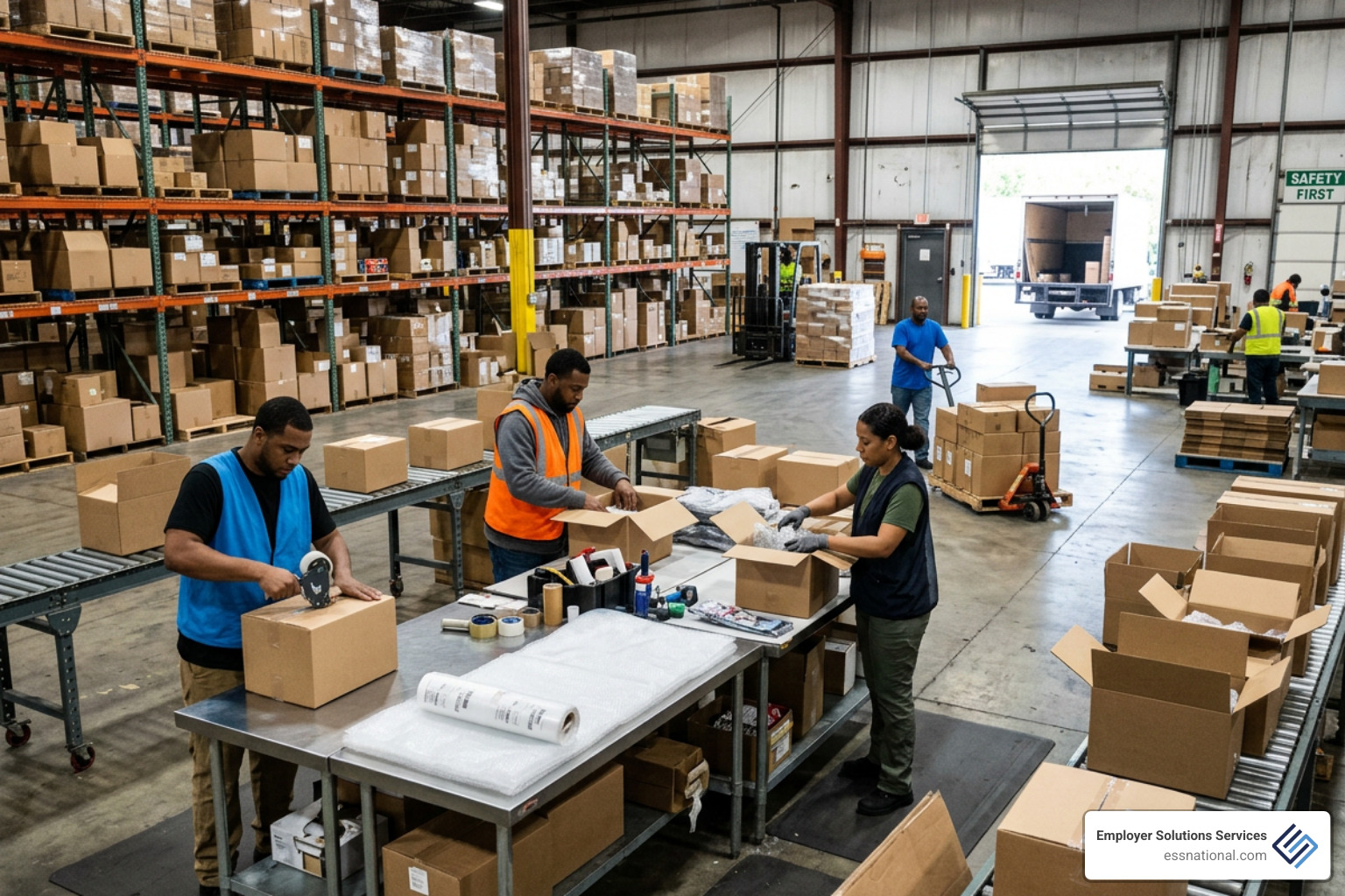 Warehouse workers packing boxes in a high-volume Camden County distribution center Warehouse workers packing boxes in a high-volume Camden County distribution center