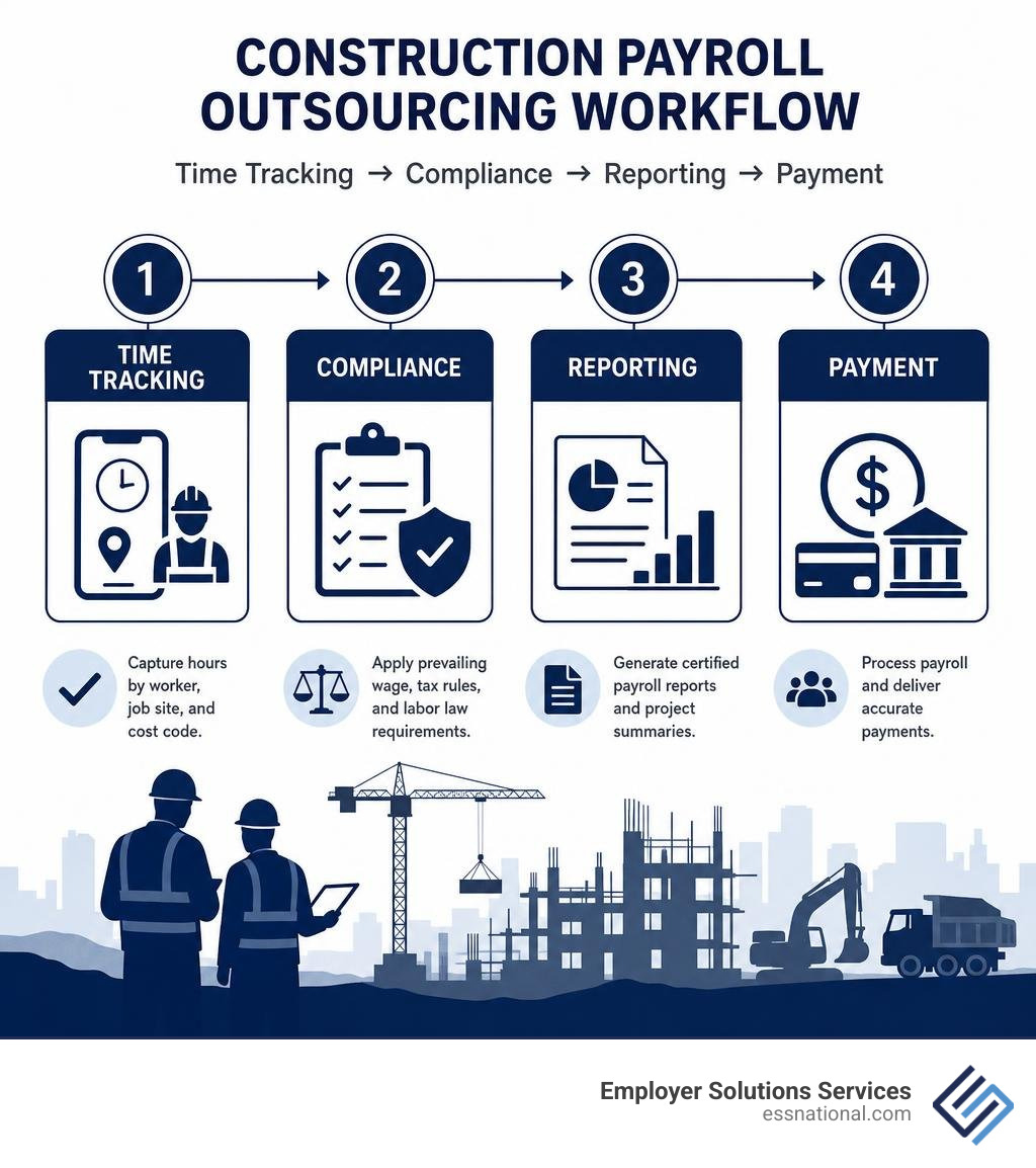 Construction payroll outsourcing workflow: time tracking, compliance, reporting, and payment steps infographic Construction payroll outsourcing workflow: time tracking, compliance, reporting, and payment steps infographic