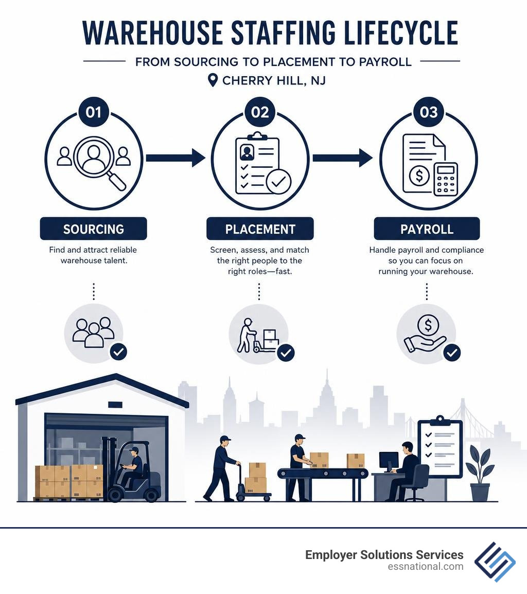 Warehouse staffing lifecycle from sourcing to placement to payroll in Cherry Hill NJ infographic Warehouse staffing lifecycle from sourcing to placement to payroll in Cherry Hill NJ infographic