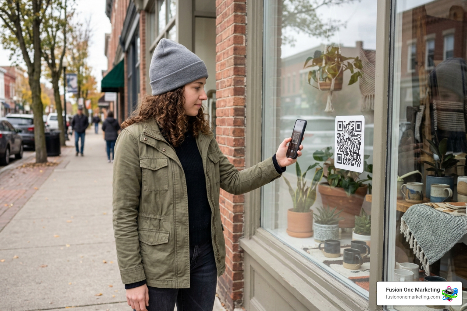 Customer scanning a QR code sticker on a shop window Customer scanning a QR code sticker on a shop window