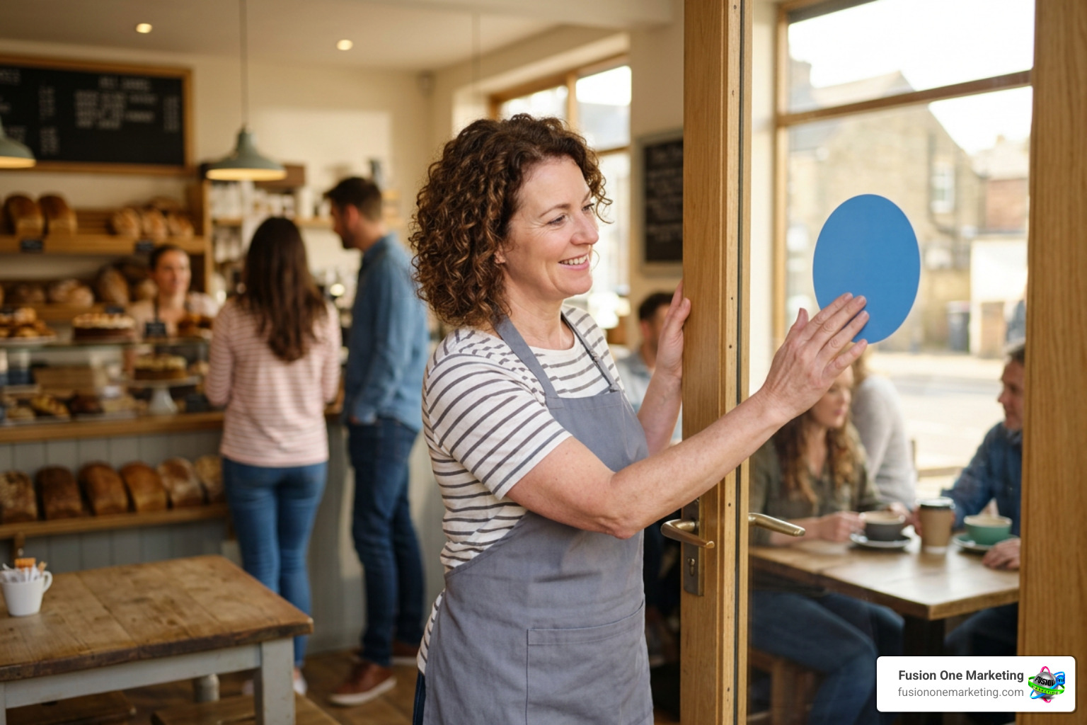 How a smartphone scans a QR code on a counter sticker to open a Google review window