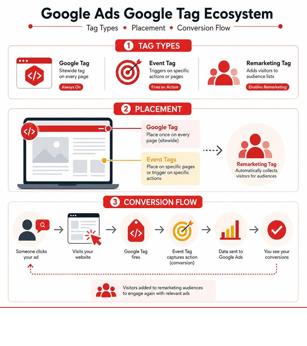 Google Ads Google tag ecosystem infographic showing tag types, placement, and conversion flow infographic