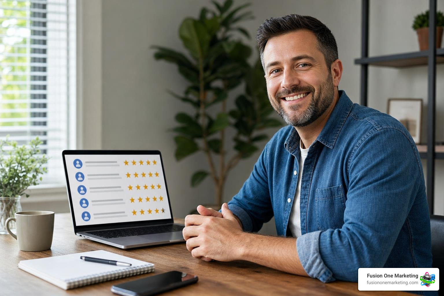 A local business owner smiling at a growing list of 5-star Google reviews on their laptop A local business owner smiling at a growing list of 5-star Google reviews on their laptop