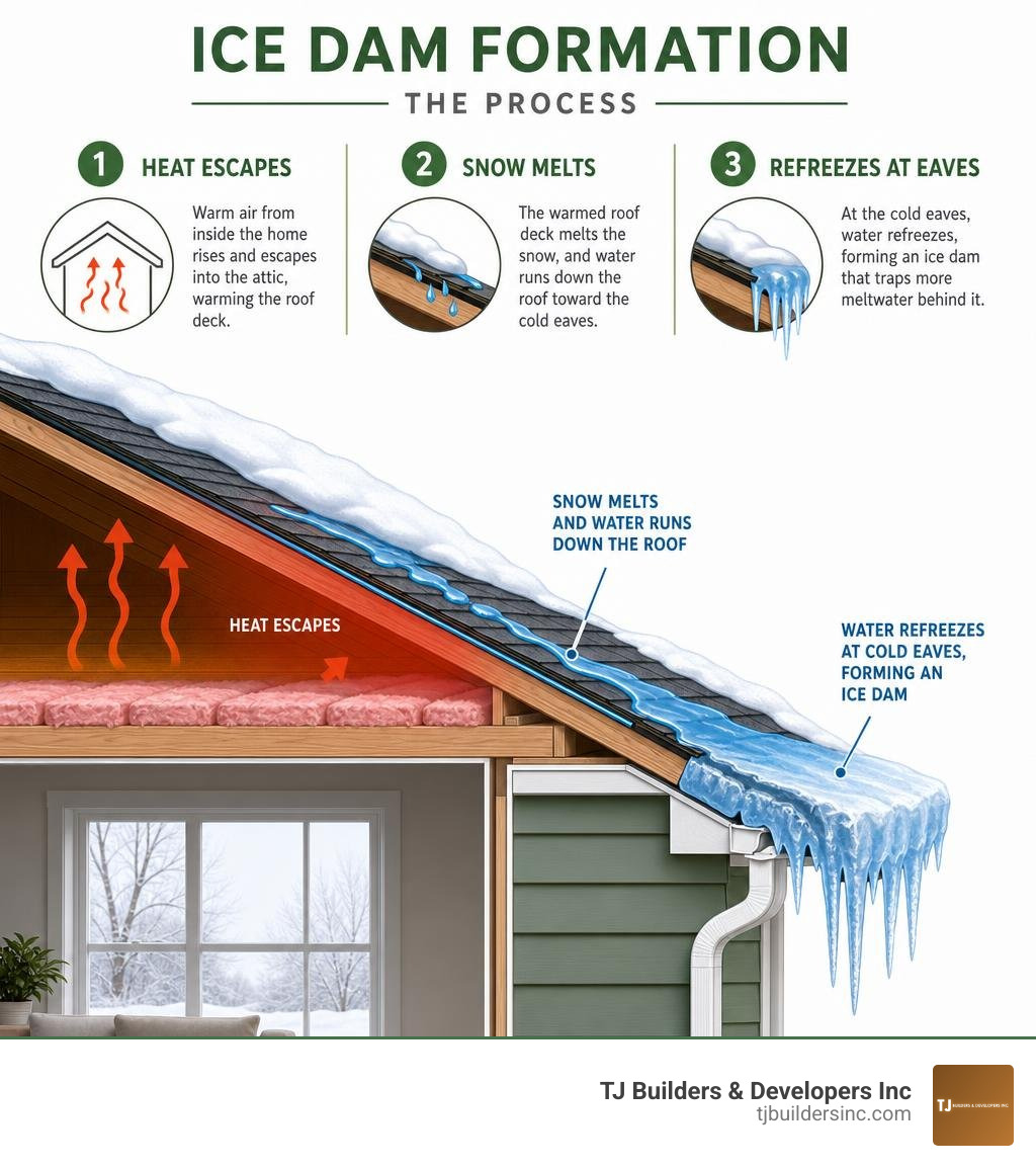 Ice dam formation process showing heat escape, snow melt, and refreezing at roof eaves infographic Ice dam formation process showing heat escape, snow melt, and refreezing at roof eaves infographic