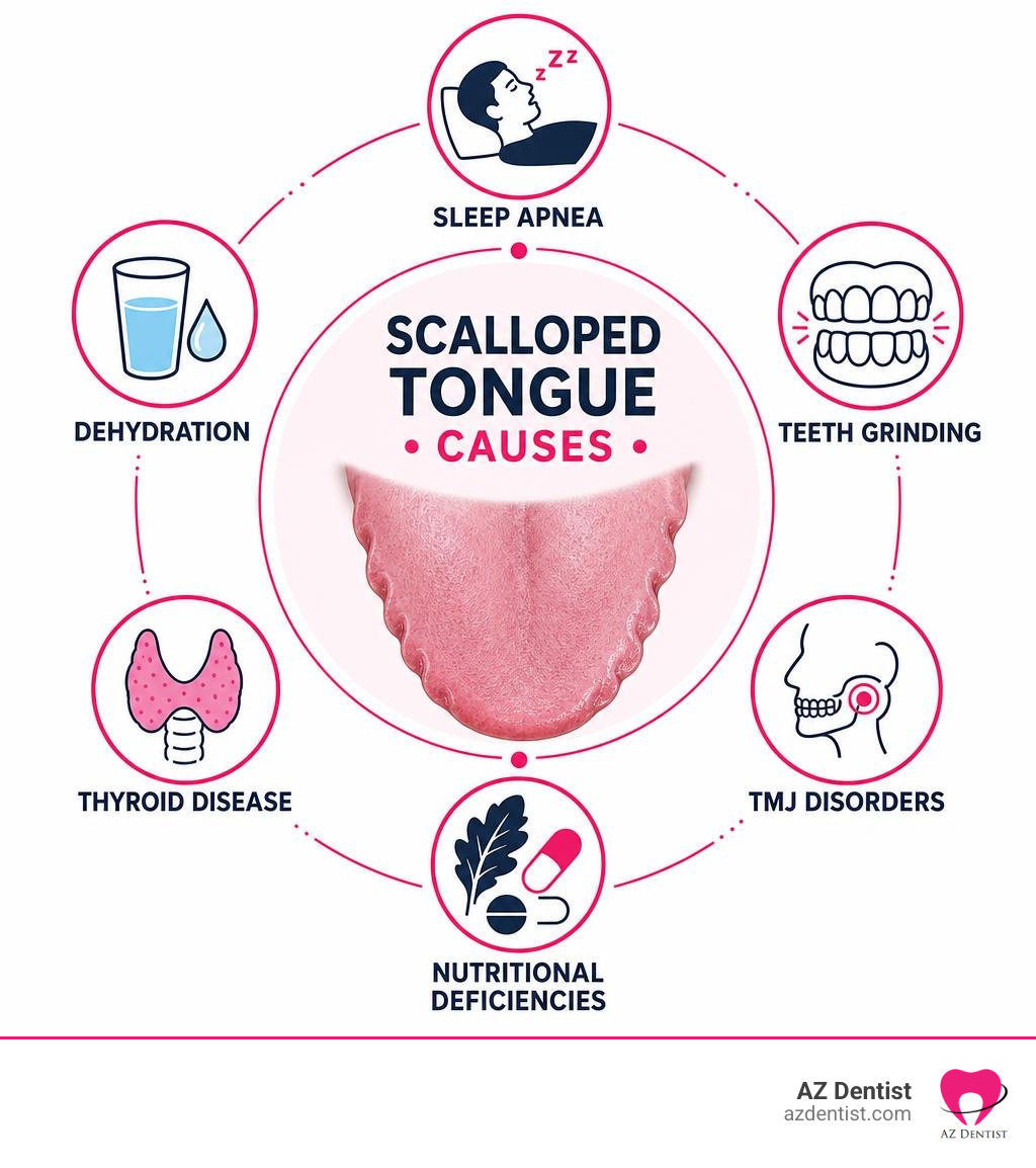 Scalloped tongue causes infographic: sleep apnea, dehydration, teeth grinding, thyroid disease, TMJ, nutritional Scalloped tongue causes infographic: sleep apnea, dehydration, teeth grinding, thyroid disease, TMJ, nutritional