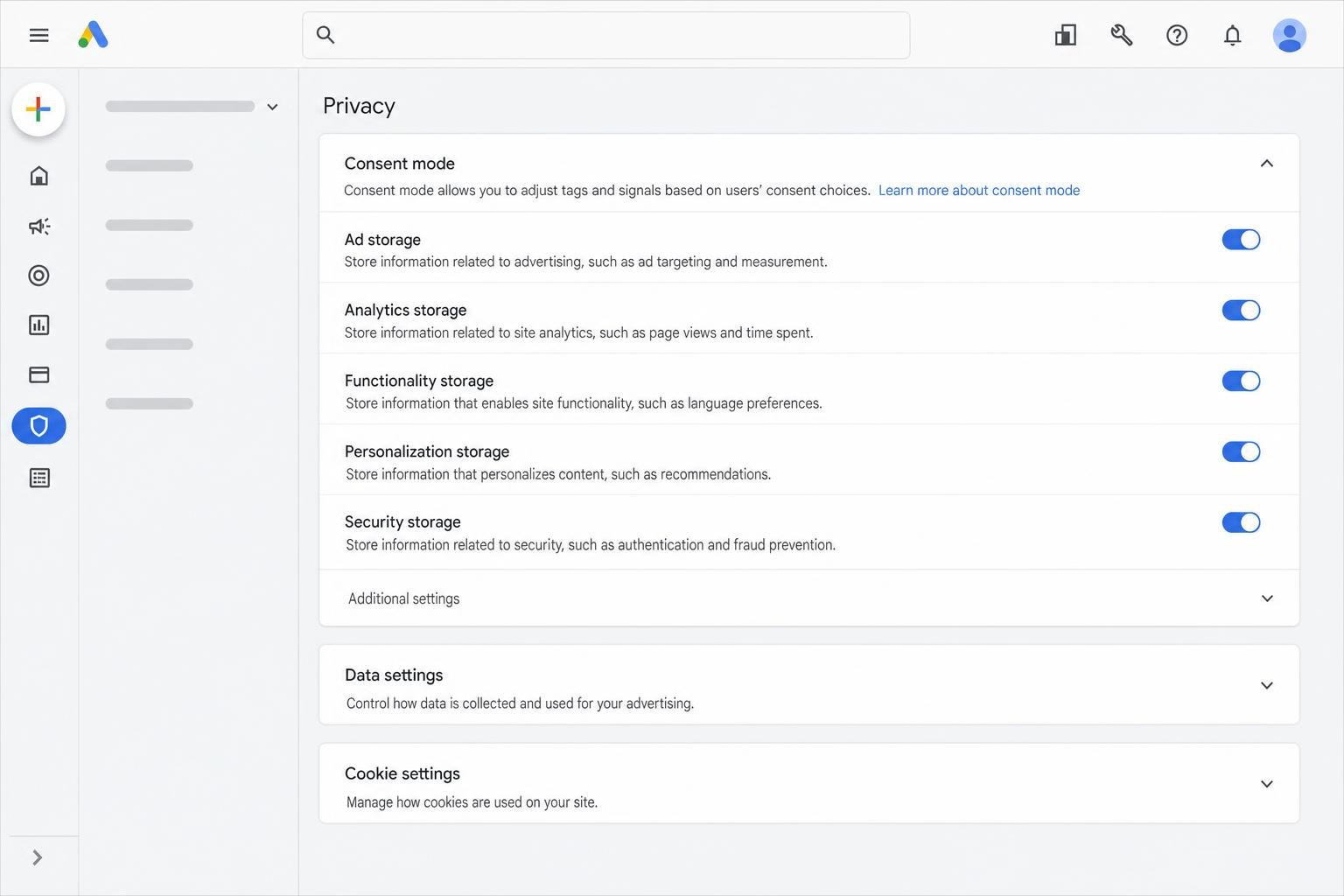 privacy settings panel in Google Ads interface showing consent and cookie options