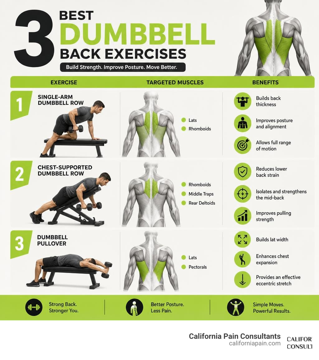 Infographic showing the 3 best dumbbell back exercises with targeted muscles and benefits infographic