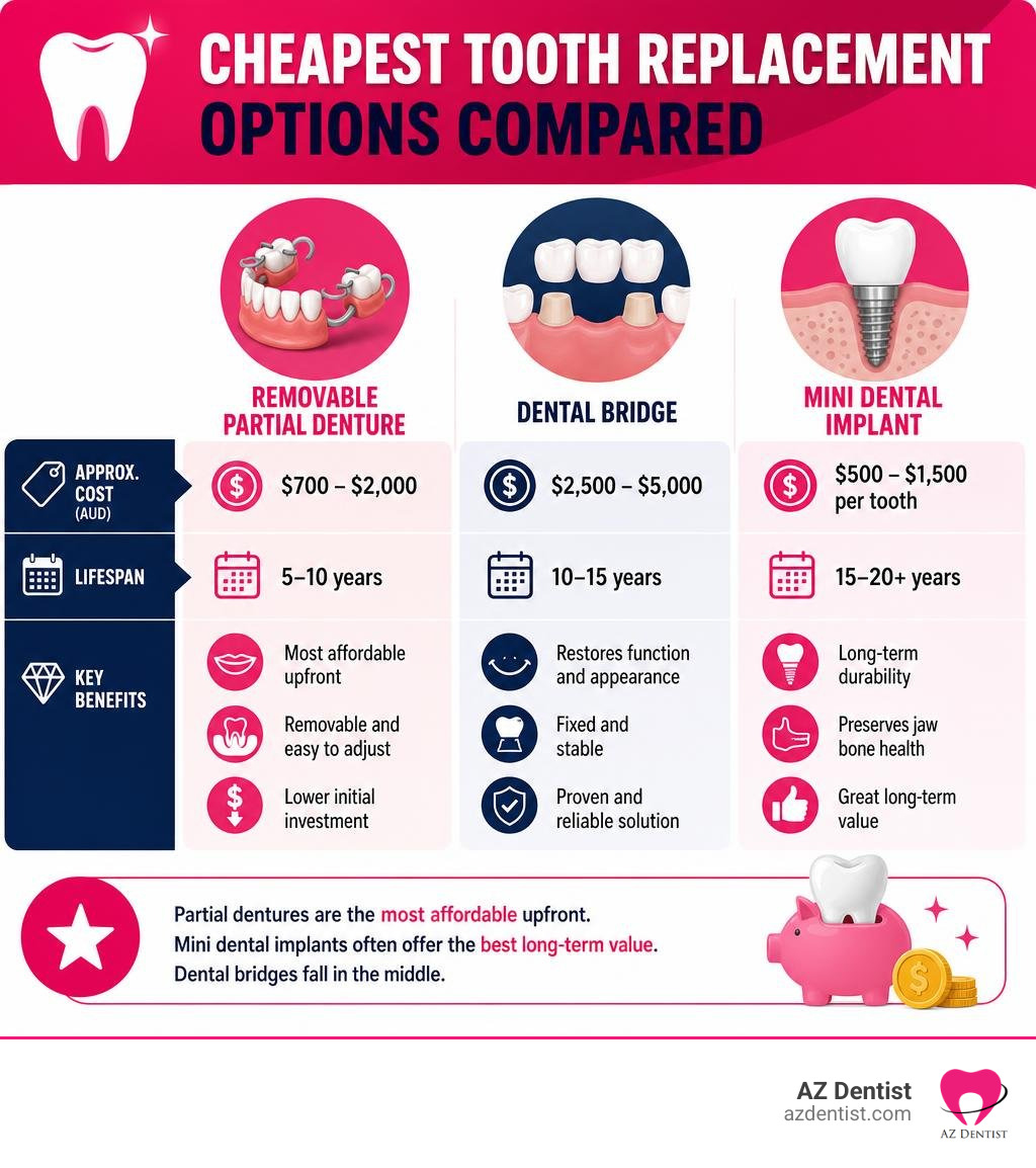 infographic showing cheapest tooth replacement options compared by cost, lifespan, and key benefits infographic