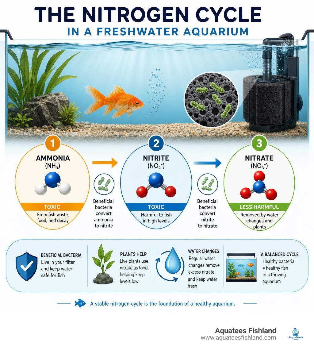Nitrogen cycle in a freshwater aquarium showing ammonia to nitrite to nitrate conversion infographic