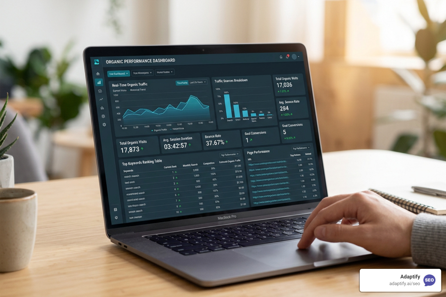 automated SEO reporting dashboard displaying real-time traffic and keyword ranks