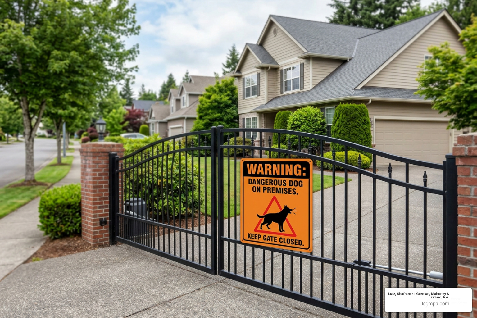 warning sign on a property gate warning of a dangerous dog