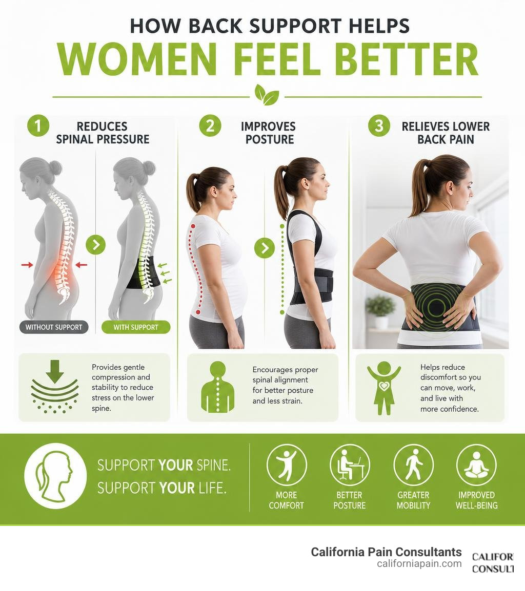 Infographic showing how back supports reduce spinal pressure, improve posture, and relieve lower back pain in women