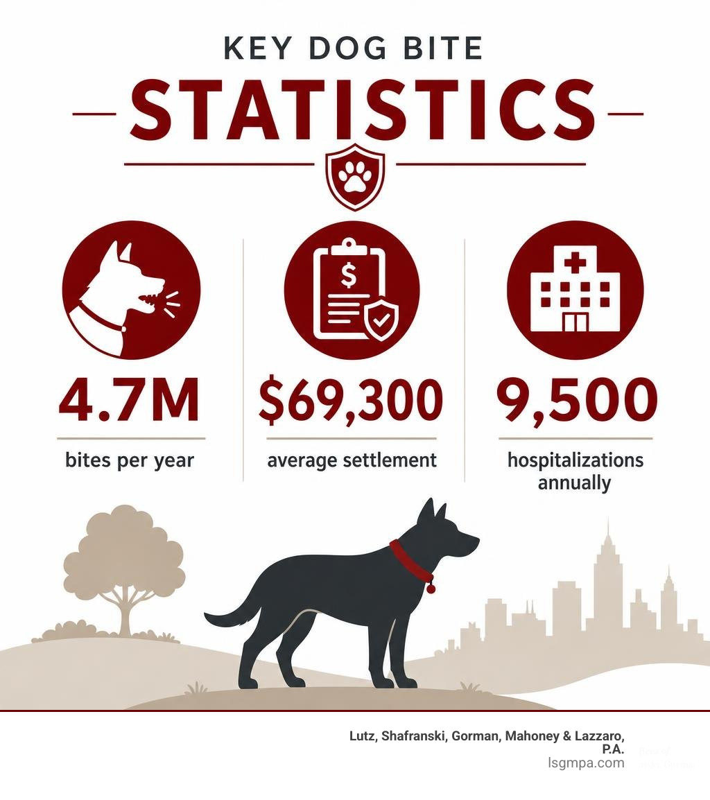 Key dog bite statistics: 4.7M bites per year, $69,300 average settlement, 9,500 hospitalizations annually infographic
