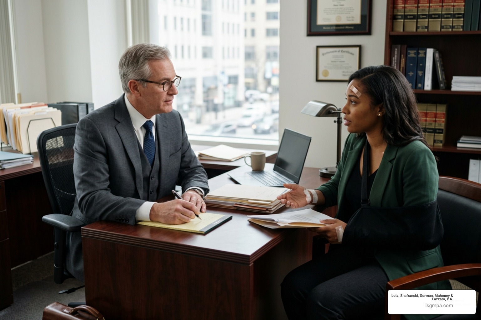 A car accident victim consulting with an experienced personal injury attorney A car accident victim consulting with an experienced personal injury attorney