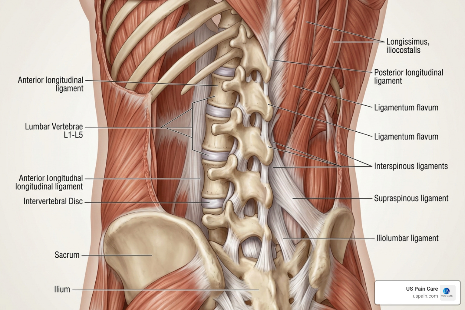spinal anatomy highlighting lumbar muscles and ligaments